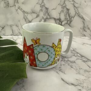 Vintage 70s Mom Coffee Mug White Red Patchwork Flowers Gift Country Cottage